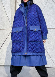 trendy plus size Coats winter outwear blue lapel zippered Parkas for women - bagstylebliss