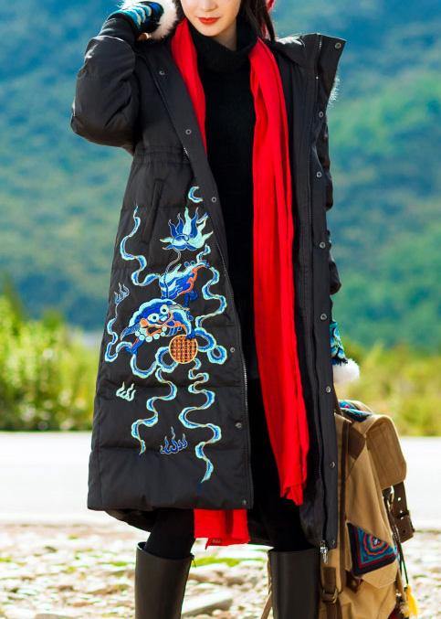 fine trendy plus size snow jackets embroidery overcoat black hooded duck down coat - bagstylebliss