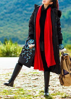 fine trendy plus size snow jackets embroidery overcoat black hooded duck down coat - bagstylebliss