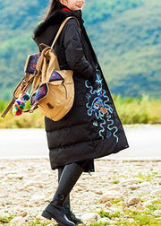 fine trendy plus size snow jackets embroidery overcoat black hooded duck down coat - bagstylebliss