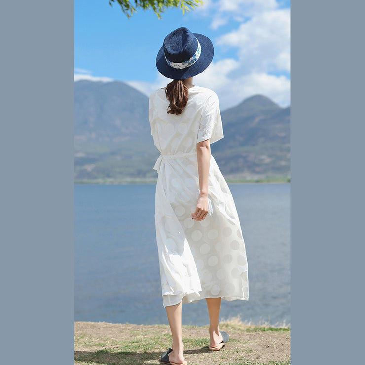 fine white linen maxi dress plus size O neck dotted gown fine short sleeve tie waist dresses