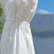 fine white linen maxi dress plus size O neck dotted gown fine short sleeve tie waist dresses