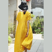 fine yellow natural linen dress trendy plus size O neck traveling clothing Elegant short sleeve tie waist maxi dresses