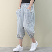 tyle summer wild pants plus size clothing light denim blue Work pockets trousers - bagstylebliss