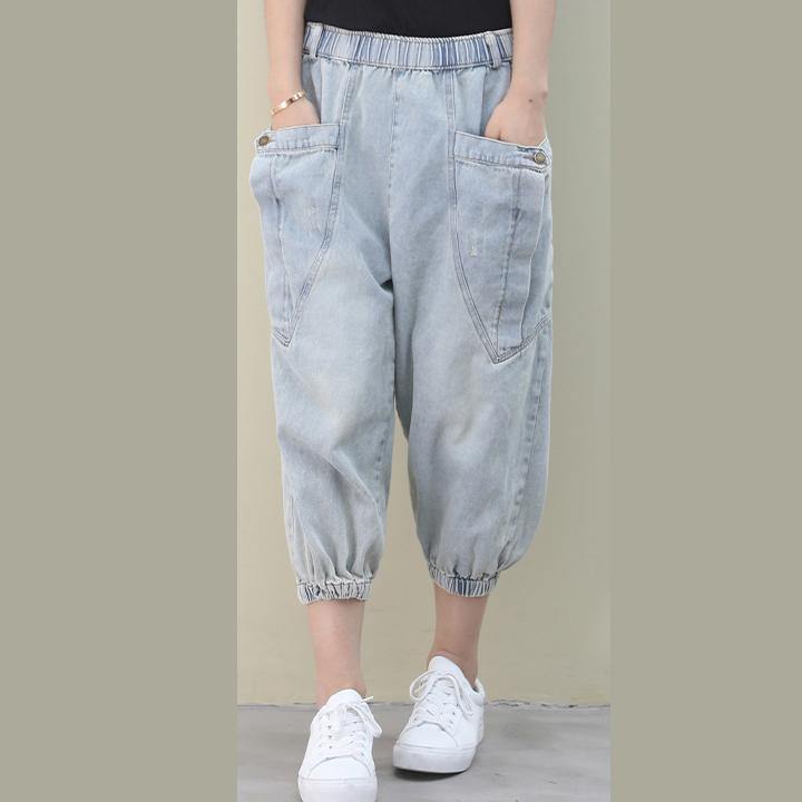 tyle summer wild pants plus size clothing light denim blue Work pockets trousers - bagstylebliss