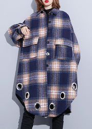 vintage Loose fitting Winter coat blue purple plaid lapel pockets wool overcoat - bagstylebliss