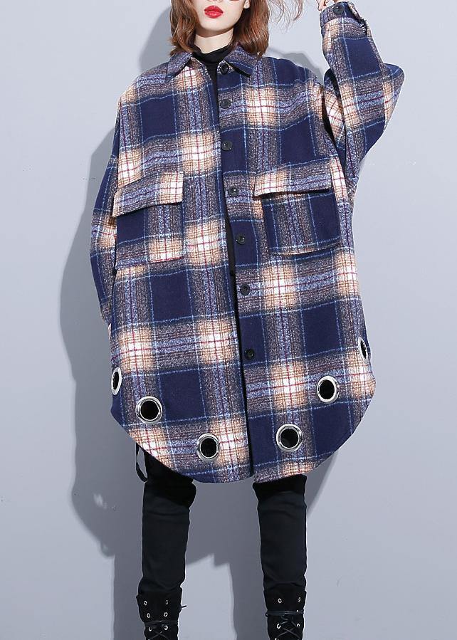 vintage Loose fitting Winter coat blue purple plaid lapel pockets wool overcoat - bagstylebliss