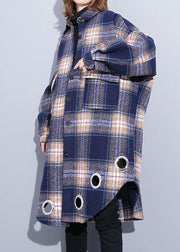 vintage Loose fitting Winter coat blue purple plaid lapel pockets wool overcoat - bagstylebliss