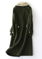 vintage army green Woolen Coats oversized trench coat fur collar women coats Notched - bagstylebliss