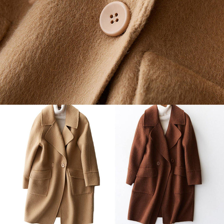vintage beige Woolen Coat Women plus size medium length jackets big pockets woolen outwear lapel collar - bagstylebliss