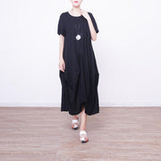 vintage black long linen dress plus size short sleeve linen clothing dresses New asymmetric hem maxi dresses