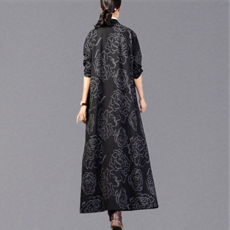 vintage black print Winter coat plus size stand collar Coat 2018 pockets trench coat