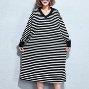 vintage black white striped long cotton dresses oversize v neck cotton maxi dress fine side open caftans