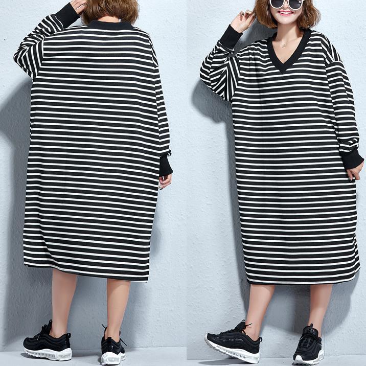 vintage black white striped long cotton dresses oversize v neck cotton maxi dress fine side open caftans