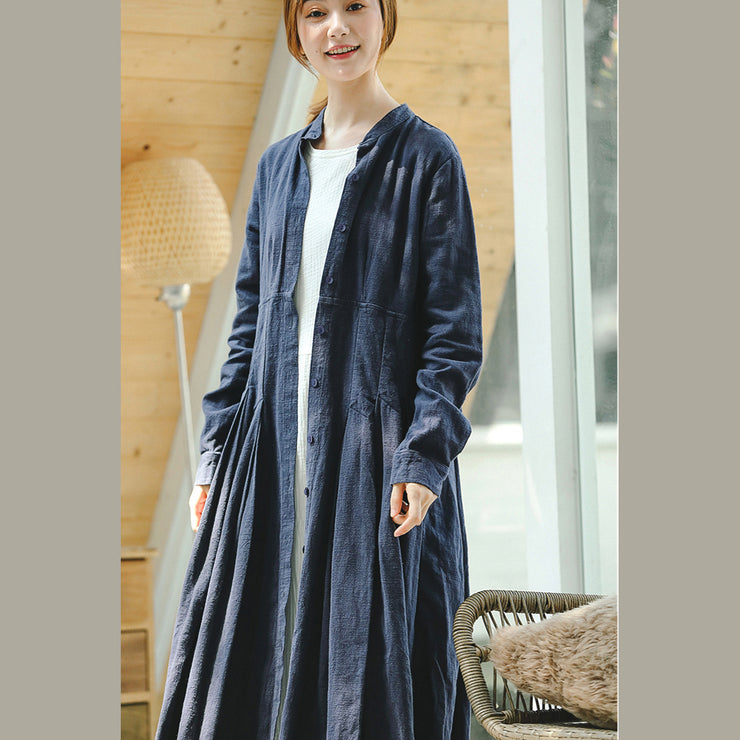 vintage blue coat oversize stand collar long coat vintage long sleeve large hem Coat