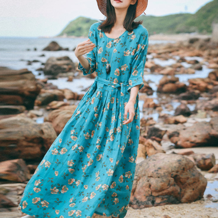 Vintage blaue Leinenkaftane mit Blumenmuster, übergroße O-Hals-Baggy-Kleider, Kaftane, neues Dreiviertel-Ärmelkleid mit Bindegürtel