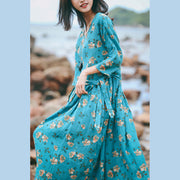 vintage blue floral linen caftans oversize o neck baggy dresses caftans New Three Quarter sleeve tie waist gown