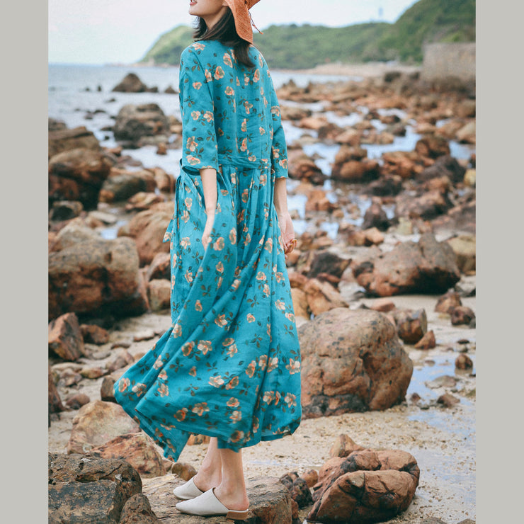 vintage blue floral linen caftans oversize o neck baggy dresses caftans New Three Quarter sleeve tie waist gown