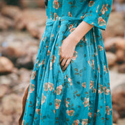 Vintage blaue Leinenkaftane mit Blumenmuster, übergroße O-Hals-Baggy-Kleider, Kaftane, neues Dreiviertel-Ärmelkleid mit Bindegürtel