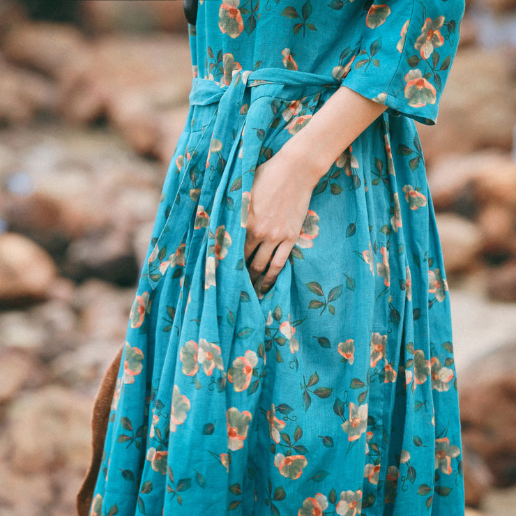 Vintage blaue Leinenkaftane mit Blumenmuster, übergroße O-Hals-Baggy-Kleider, Kaftane, neues Dreiviertel-Ärmelkleid mit Bindegürtel