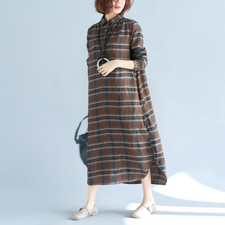 vintage chocolate Plaid cotton linen caftans plus size Turn-down Collar baggy dresses casual long sleeve dresses