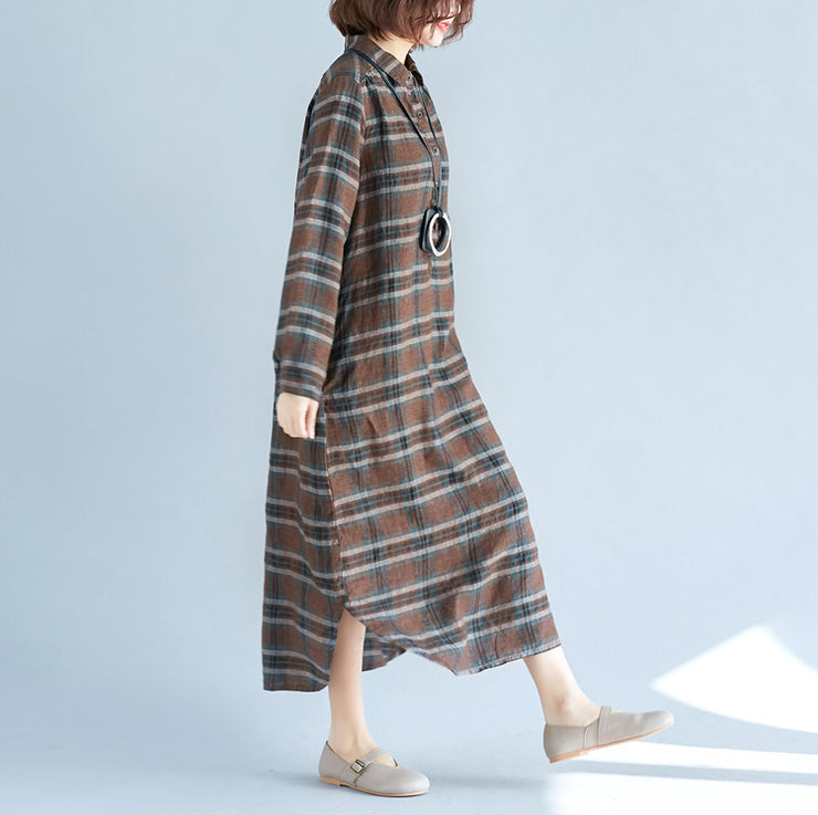 vintage chocolate Plaid cotton linen caftans plus size Turn-down Collar baggy dresses casual long sleeve dresses