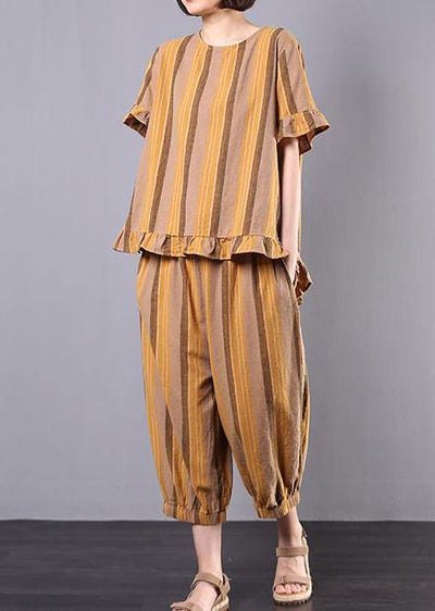 vintage cotton linen yellow striped ruffles short sleeve blouse with women harem pants - bagstylebliss