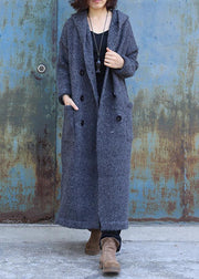 vintage dark gray woolen outwear trendy plus size double breastmaxi coat hooded woolen outwear - bagstylebliss