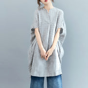 vintage gray Plaid Midi-length linen dress casual linen clothing dress Fine Batwing Sleeve o neck baggy dresses