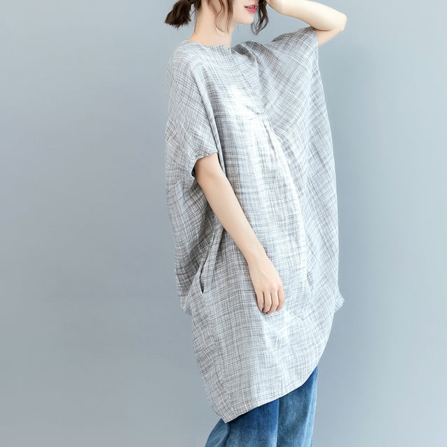 vintage gray Plaid Midi-length linen dress casual linen clothing dress Fine Batwing Sleeve o neck baggy dresses