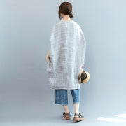 vintage gray Plaid Midi-length linen dress casual linen clothing dress Fine Batwing Sleeve o neck baggy dresses