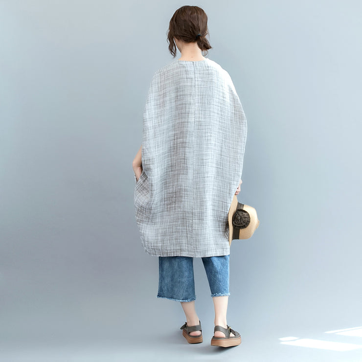 vintage gray Plaid Midi-length linen dress casual linen clothing dress Fine Batwing Sleeve o neck baggy dresses