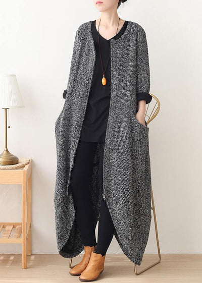 vintage gray woolen coats oversized Winter coat v neck asymmetric winter women coats - bagstylebliss