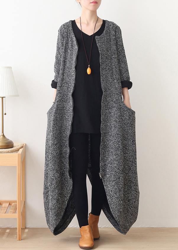 vintage gray woolen coats oversized Winter coat v neck asymmetric winter women coats - bagstylebliss