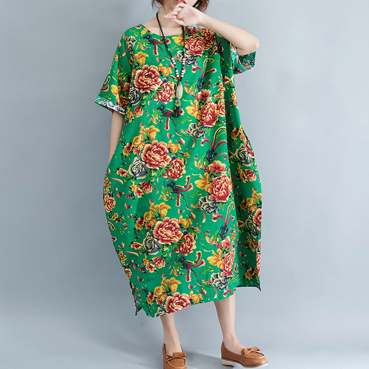 vintage green linen dresses oversized floral cotton gown Elegant short sleeve linen clothing dress