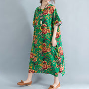 Vintage grüne Leinenkleider übergroßes Blumenbaumwollkleid Elegantes Leinenkleid mit kurzen Ärmeln