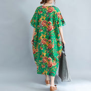 vintage green linen dresses oversized floral cotton gown Elegant short sleeve linen clothing dress