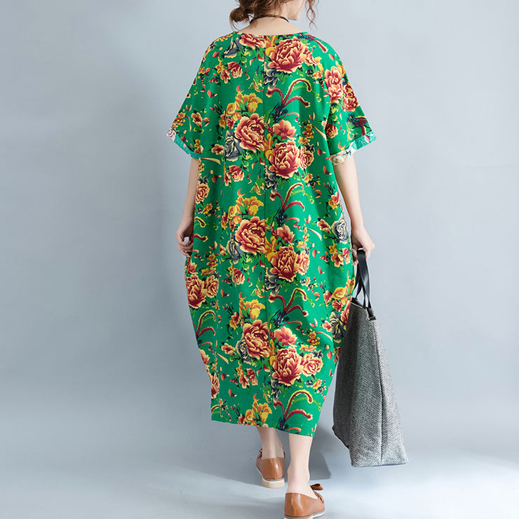 vintage green linen dresses oversized floral cotton gown Elegant short sleeve linen clothing dress