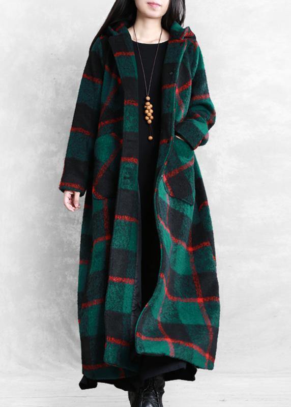 vintage green plaid Woolen Coat Women plus size Winter coat women coats Notched Button - bagstylebliss