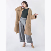 vintage khaki Coats trendy plus size flare sleeve tie waist Winter coat fine pockets wool jackets