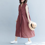 vintage khaki cotton linen dresses Loose fitting cotton linen clothing dress New Sleeveless Cinched v neck baggy dresses