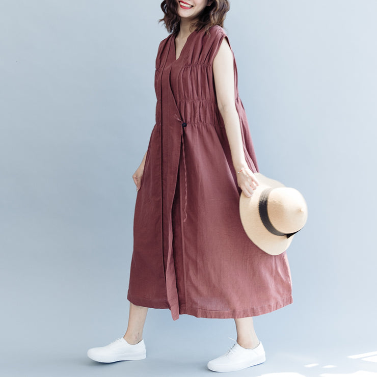 vintage khaki cotton linen dresses Loose fitting cotton linen clothing dress New Sleeveless Cinched v neck baggy dresses