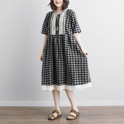 vintage linen cotton dress plus size Lacing Short Sleeve Plaid Pockets Retro Casual Gray Dress