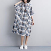 vintage linen dresses Loose fitting Polo Collar Short Sleeve Plaid Women Linen Shirt Dress