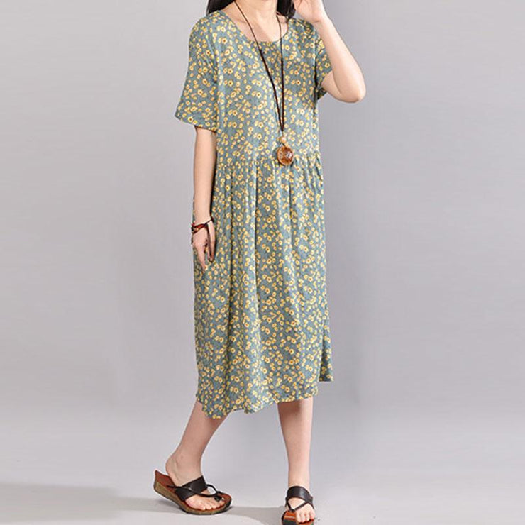 vintage long cotton dresses trendy plus size Floral Printed Dresses Round Neck Short Sleeve Dress