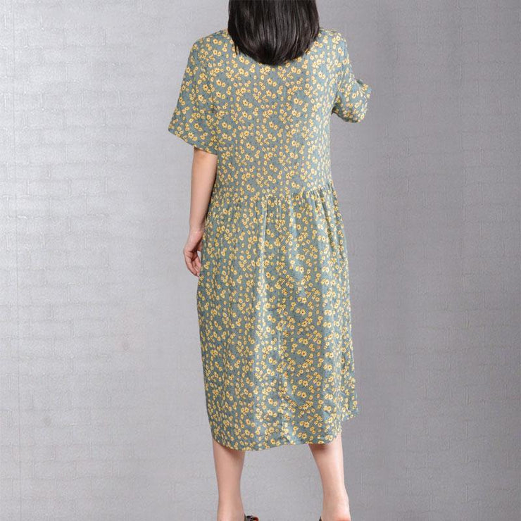 vintage long cotton dresses trendy plus size Floral Printed Dresses Round Neck Short Sleeve Dress