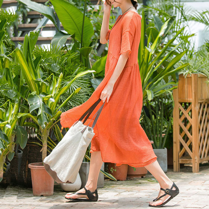 vintage orange long cotton blended dress plus size clothing v neck baggy two pieces cotton blended gown New short sleeve dresses