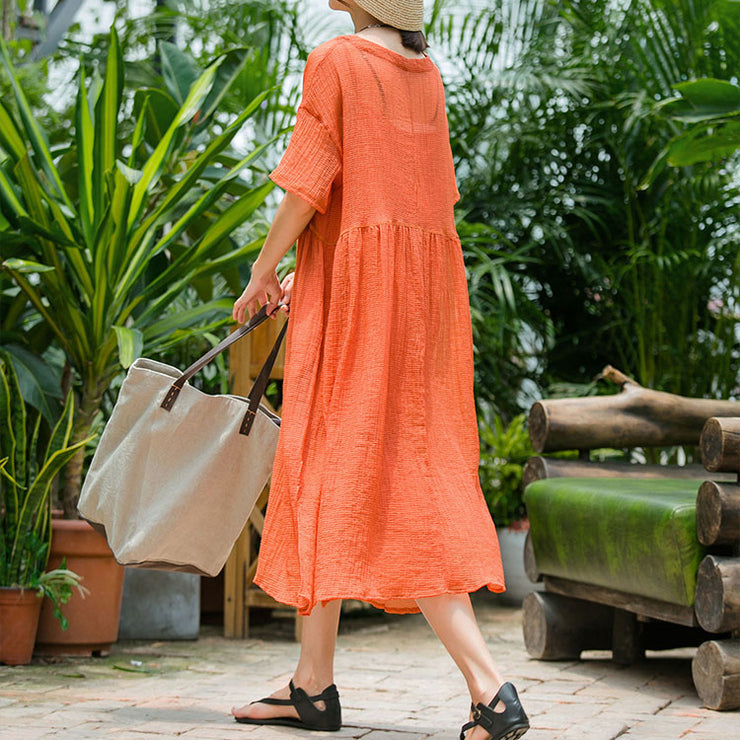 vintage orange long cotton blended dress plus size clothing v neck baggy two pieces cotton blended gown New short sleeve dresses