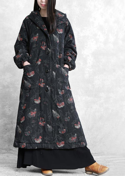 vintage oversize trench coat dark gray print hooded Button Down Woolen Coats - bagstylebliss