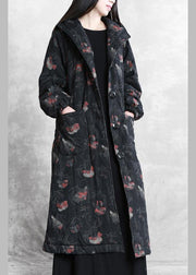 vintage oversize trench coat dark gray print hooded Button Down Woolen Coats - bagstylebliss